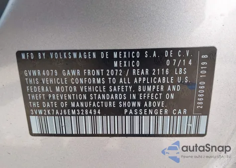 2014 Volkswagen Jetta 2.0L S from USA, damaged, VIN 3VW2K7AJ6EM328494